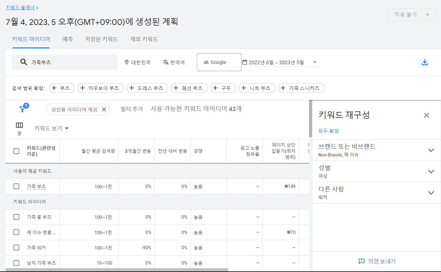 구글애즈 키워드 아이디어 예시입니다