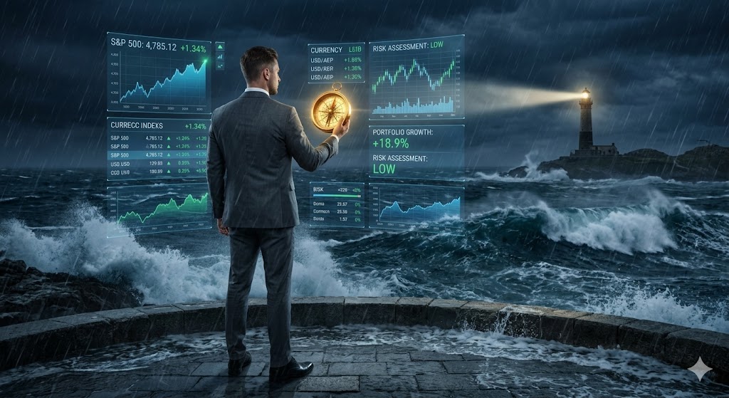 나침반을 들고 폭풍우 속에서 등대를 향해 나아가는 아빠의 든든한 뒷모습