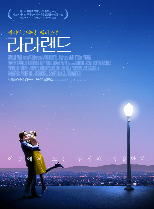 제목 라라랜드 '이곳에서 모든 감정이 폭발한다' 문구와 별빛이 가득한 밤 가로등 아래 남자와 여자가 키스를 하며 껴 앉고 있다.