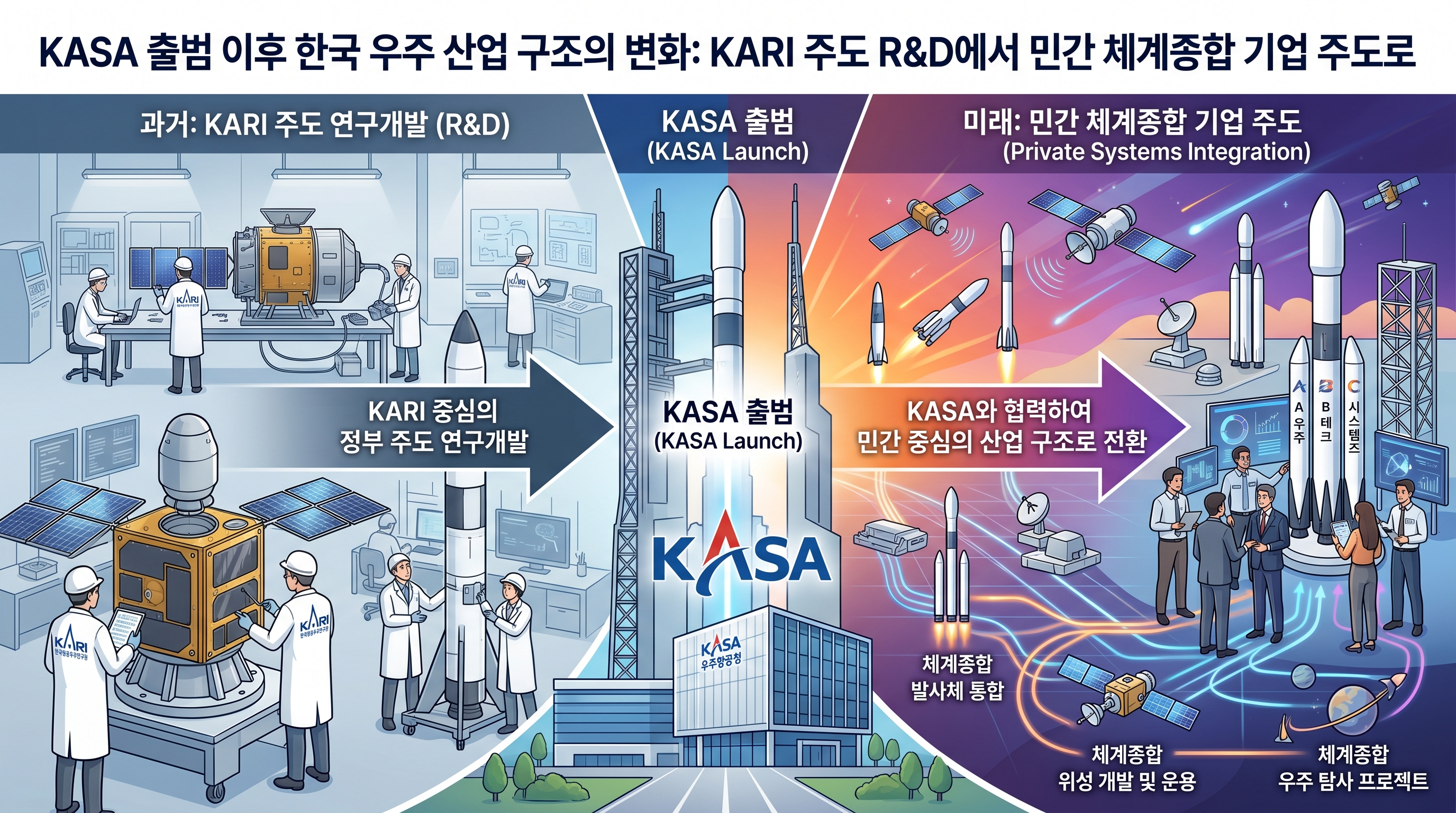 과거 항우연 주도의 연구 개발에서, KASA 출범 이후 민간 체계종합 기업으로 이관되는 우주 산업 구조