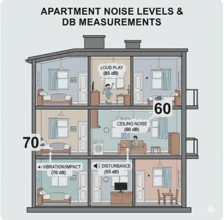 아파트 구조와 dB(데시벨) 측정치가 표시된 다이어그램