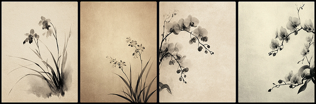 한국 전통 수묵 기법으로 그려진 난초화, 부드러운 먹선과 여백 중심의 시적 구도 _Midjourney