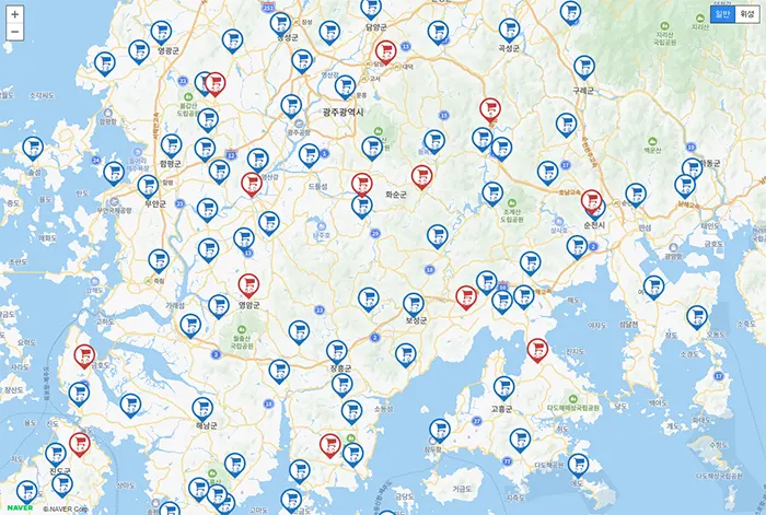 광주 전남지역 오일장 지도 보기