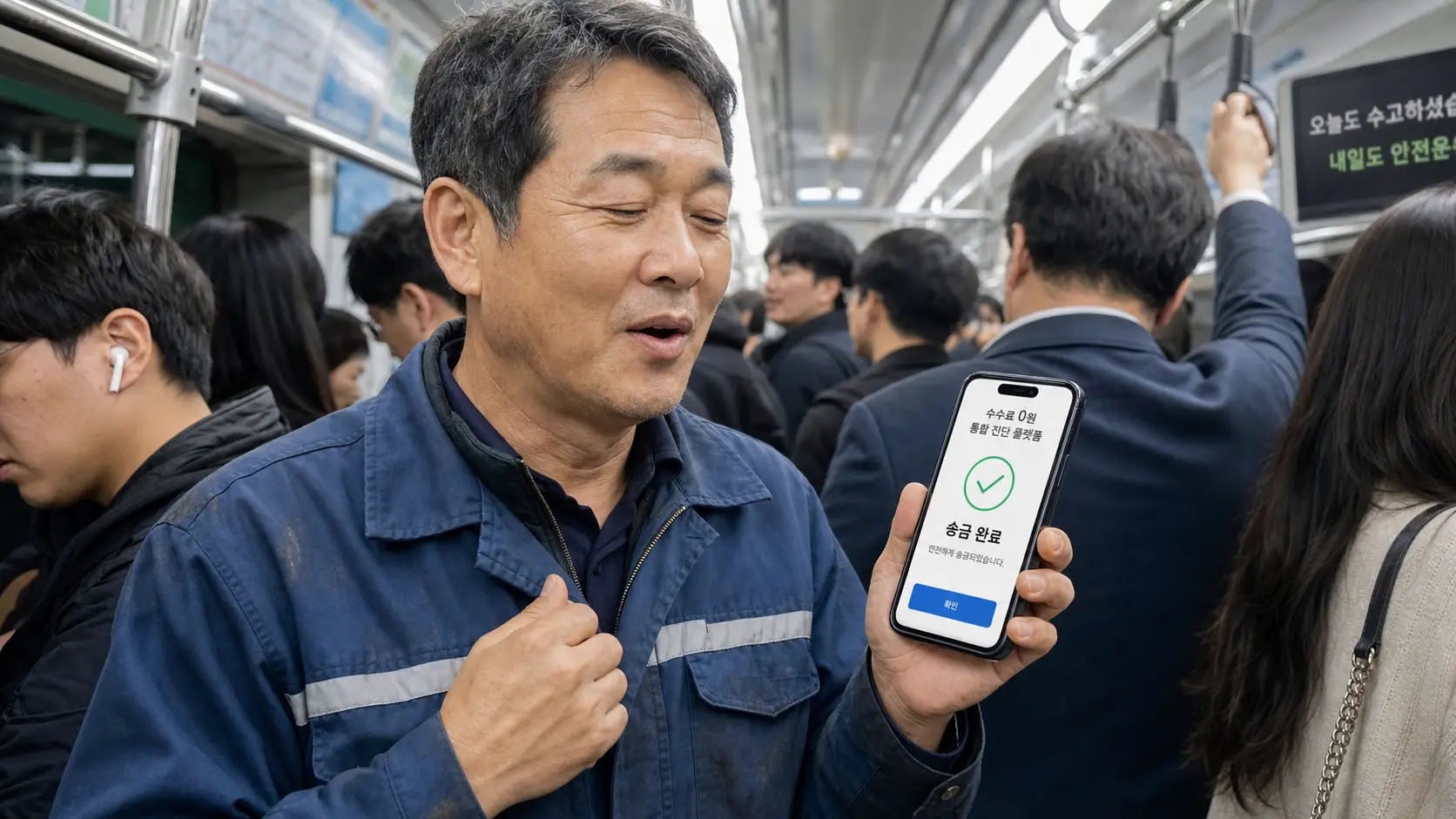 퇴근길 복잡한 지하철 안에서 스마트폰으로 수수료 0원 통합 진단 플랫폼의 안전한 송금 완료 화면을 보며 깊은 안도의 한숨을 내쉬는 작업복 차림의 50대 남성