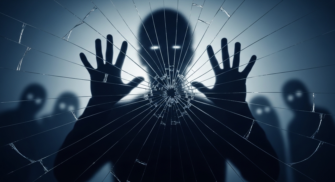 왜곡된 유리창 뒤에서 그림자가 속삭이는 모습으로, 음모론과 잘못된 정보의 확산을 상징하는 이미지.