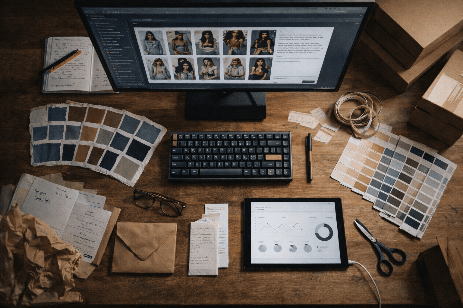 실무 자료가 펼쳐진 탑뷰 현장, AI 상세페이지 제작 효율을 점검하는 전문 작업 공간.