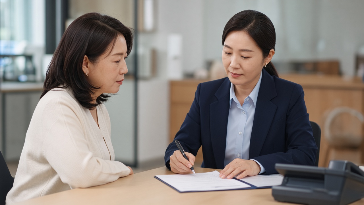 은행 상담 창구에서 직원에게 전세대출 연장 서류를 설명 듣는 40대 한국인 여성