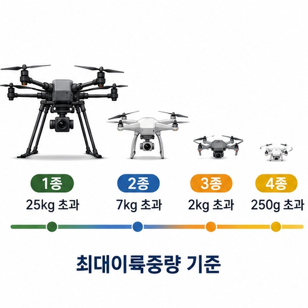 무인멀티콥터의 최대이륙중량에 따라 드론자격증 1종부터 4종까지 나뉘는 기준을 비교한 이미지