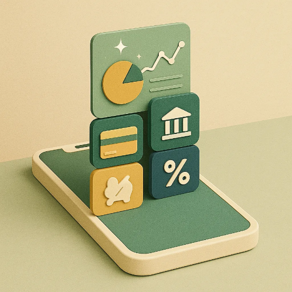 그래프, 카드, 퍼센트 아이콘이 스마트폰 위에 떠 있는 재정관리 3D 일러스트