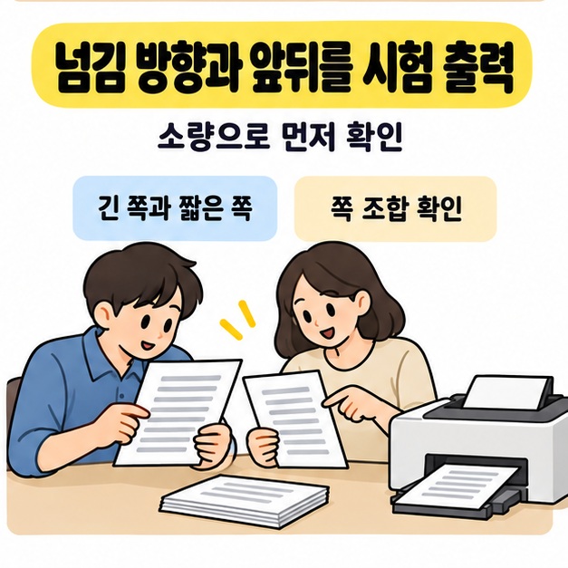 넘김 방향과 앞뒤를 시험 출력하라는 안내 아래 두 사람이 프린터 옆에서 출력물을 함께 확인하는 모습