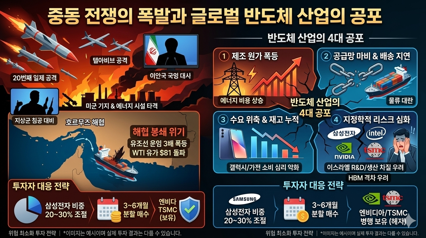 중동 전쟁으로 인한 호르무즈 해협 봉쇄 위기, 유가 폭등 및 에너지 비용 상승에 따른 삼성전자 등 글로벌 반도체 기업들의 공급망 마비, 제조 원가 상승, 소비 심리 위축 및 HBM 격차 우려를 시각화한 공포 요약 인포그래픽 이미지