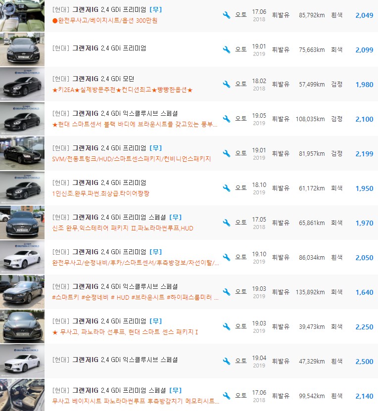 그랜저IG 2.4 가솔린 등급 중고차 시세