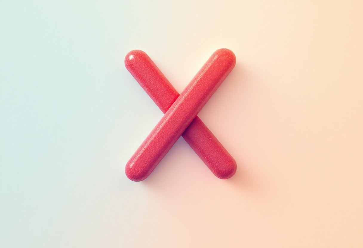 두 개의 빨간색 캡슐이 겹쳐져 X자 모양을 이루고 있는 모습