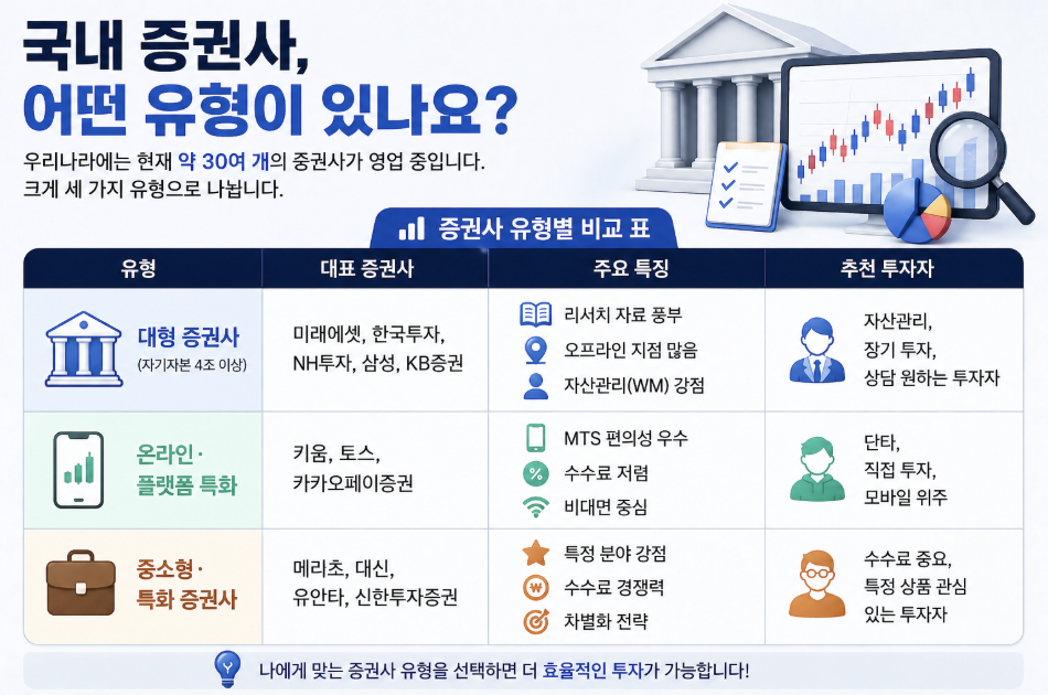 내 증권사 유형별 비교 표 - 대형 증권사(미래에셋, 한국투자, NH투자, 삼성, KB), 온라인 플랫폼 증권사(키움, 토스, 카카오페이), 중소형 특화 증권사(메리츠, 대신, 유안타, 신한투자)의 주요 특징 및 추천 투자자 성향 정리