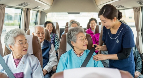 보호센터 차량에 타는 어르신들&amp;#44; 스태프 도와주는 모습