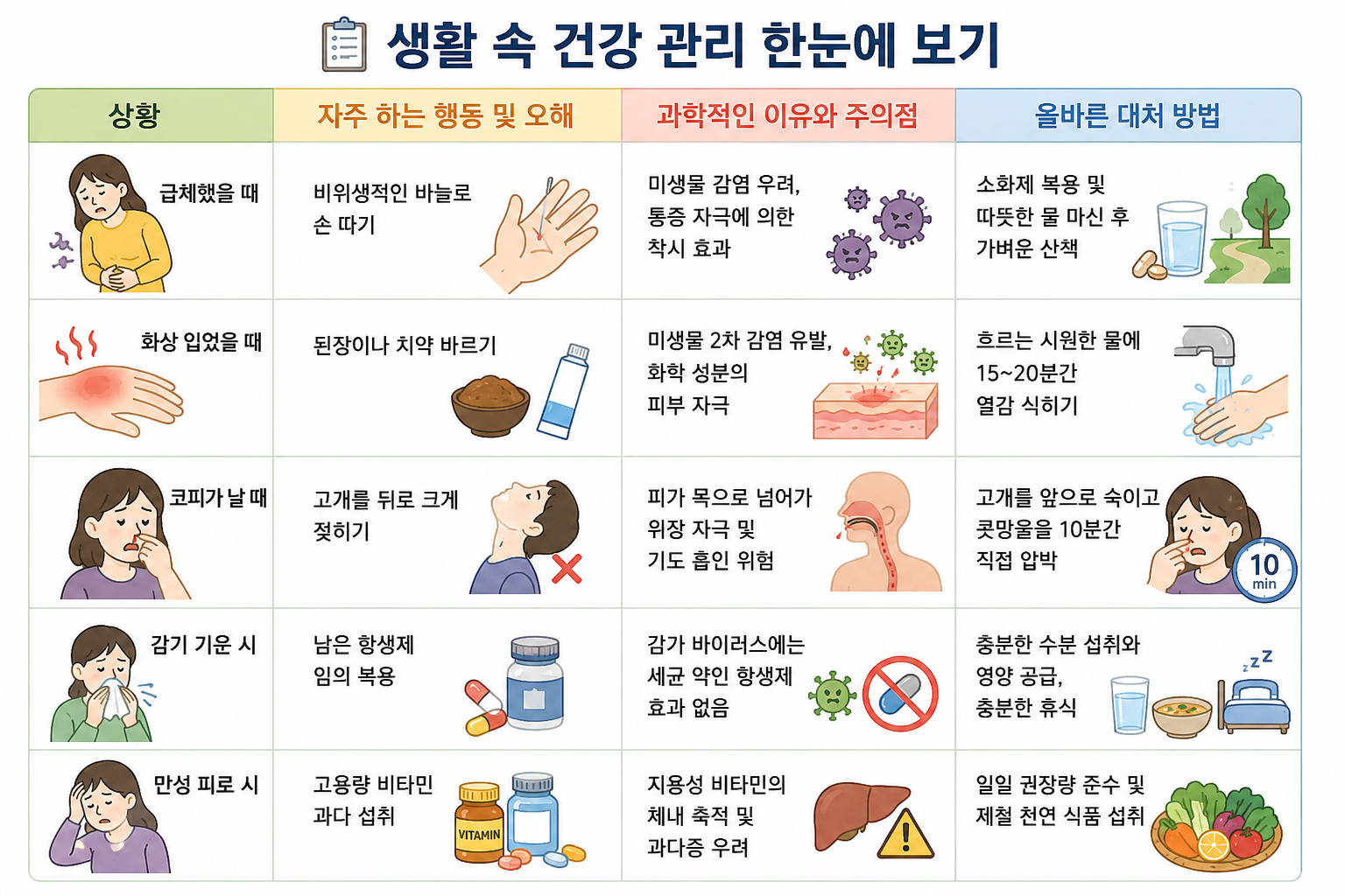 체했을 때 손 따기, 화상에 된장 바르기, 감기에 고춧가루 소주, 코피 날 때 고개 젖히기, 상처에 소독약 남용 등 잘못된 민간요법 5가지의 위험성과 올바른 의학적 응급처치법을 한눈에 보기 좋게 정리한 인포그래픽 요약 표 이미지