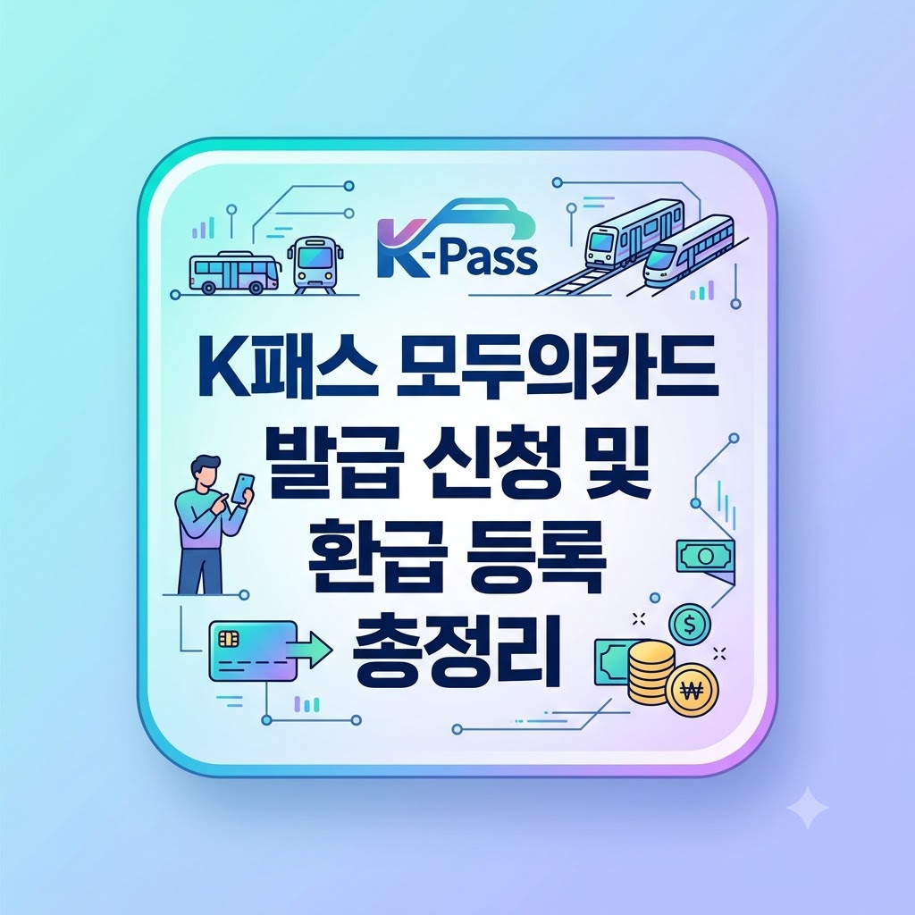 K-패스 및 대중교통·환급 아이콘과 함께 'K패스 모두의카드 발급 신청 및 환급 등록 총정리' 문구가 적힌 정사각형 인포그래픽 썸네일 이미지