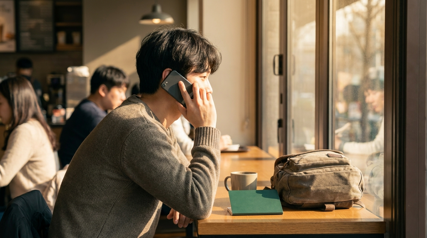 카페에서 스마트폰을 보며 통화하는 남성