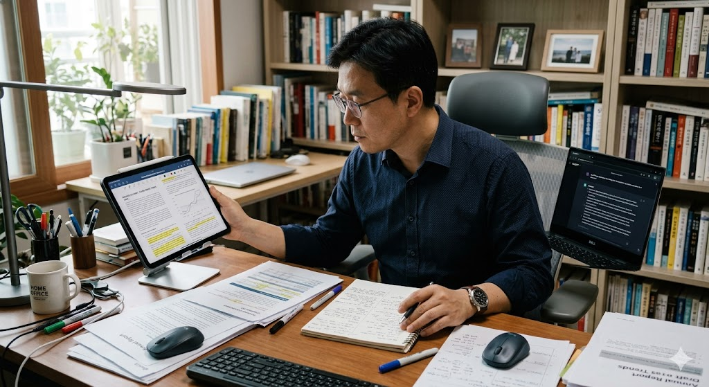 40대 직장인 남성이 집 서재 책상에서 태블릿에 긴 문서를 보면서 노트북으로 챗GPT 요약 화면을 확인하는 장면. 여러 서류와 노트가 주변에 있고, 집중하며 내용을 비교하는 분위기. 긴 자료 요약 활용법을 설명하는 본문 중간에 배치할 이미지.