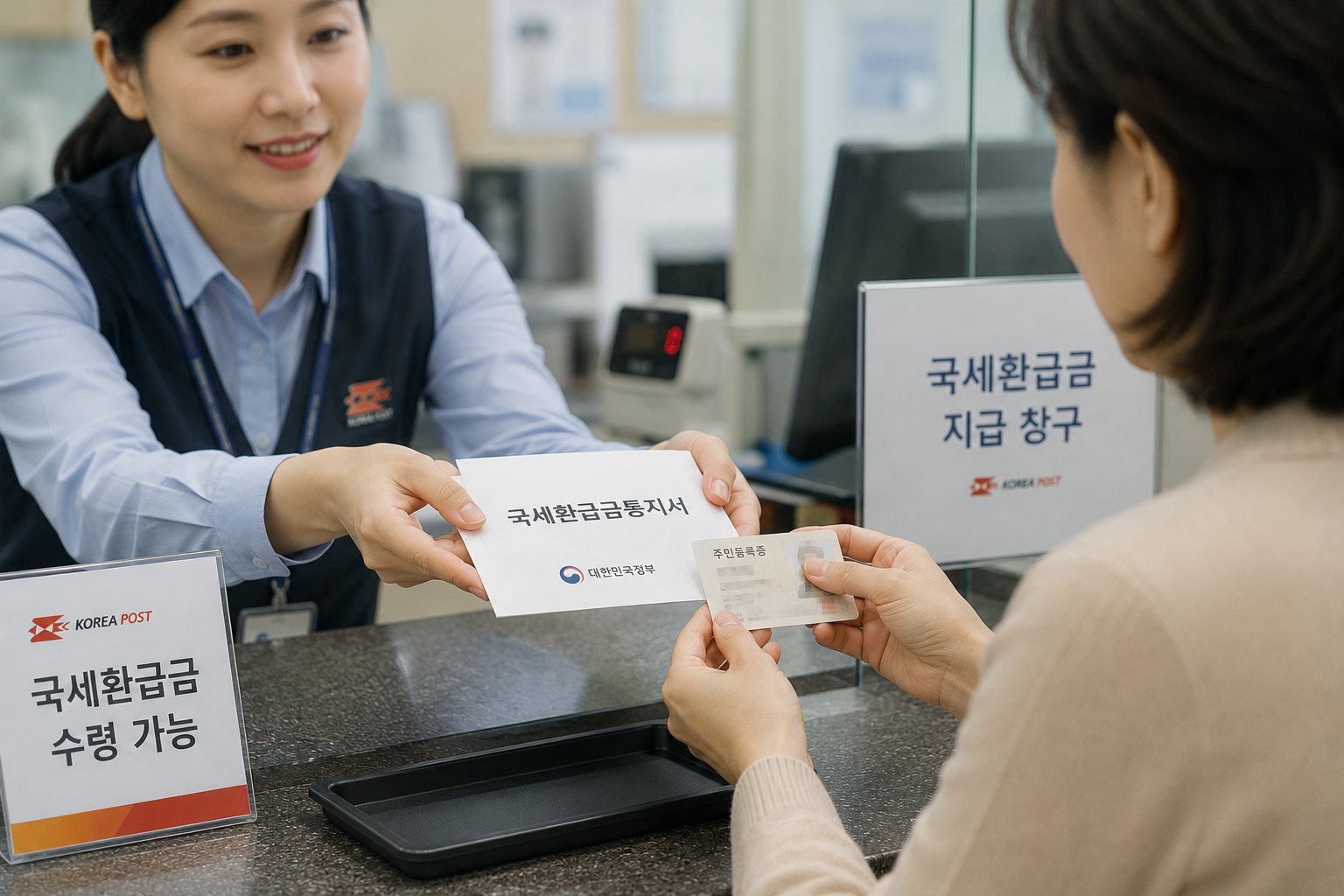 우체국 창구에서 국세환급금통지서와 신분증으로 환급금을 수령하는 장면