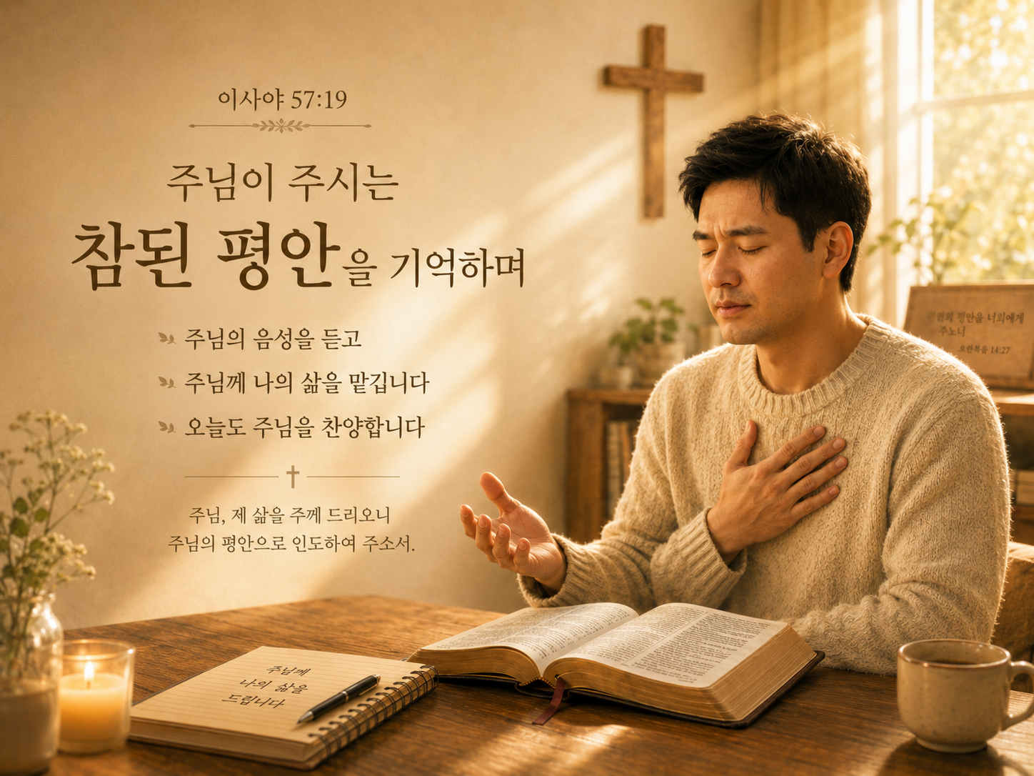 사 57:19 말씀에서 진정한 평안을 주시는 분이 하나님이심을 기억하며 그 분의 음성을 듣고 그 분께 자신을 맡기며 살아가는 자가 되길 간절히 기도합니다. 그 분께 나의 삶의 모습을 드리는 자가 되길 기도합니다. 오늘도 주님께서 주시는 평안을 기억하고 간절히 바라며 주님을 찬양하는 시간을 갖는 모습입니다.