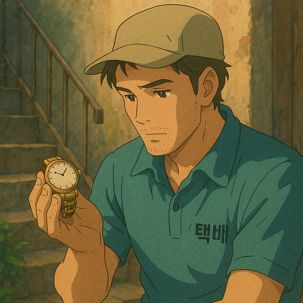 존의 손바닥 위에 놓인 가짜 시계, 그는 기억을 문지르듯 바라본다.