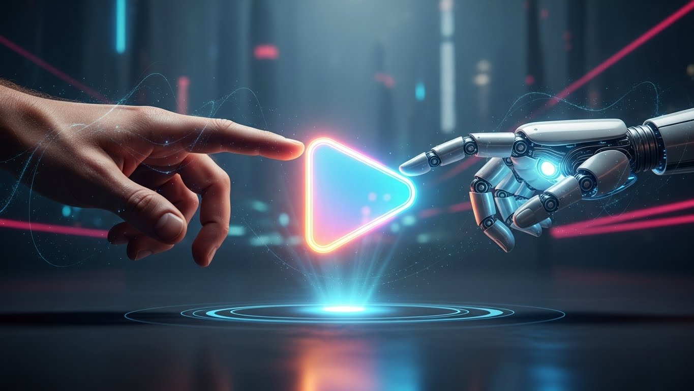 인간의 창의성과 인공지능 기술이 결합하여 새로운 콘텐츠를 만들어내는 상징적인 이미지