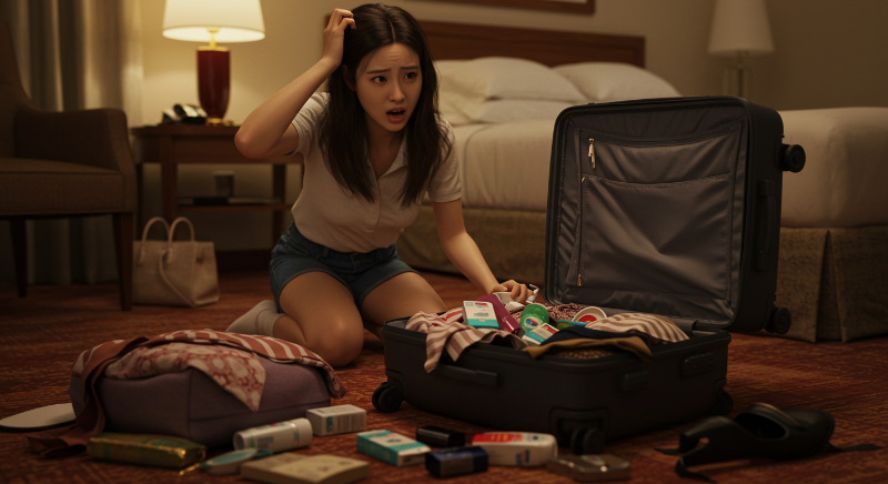 캐리어 안의 뒤죽박죽 짐 때문에 스트레스 받는 여성
