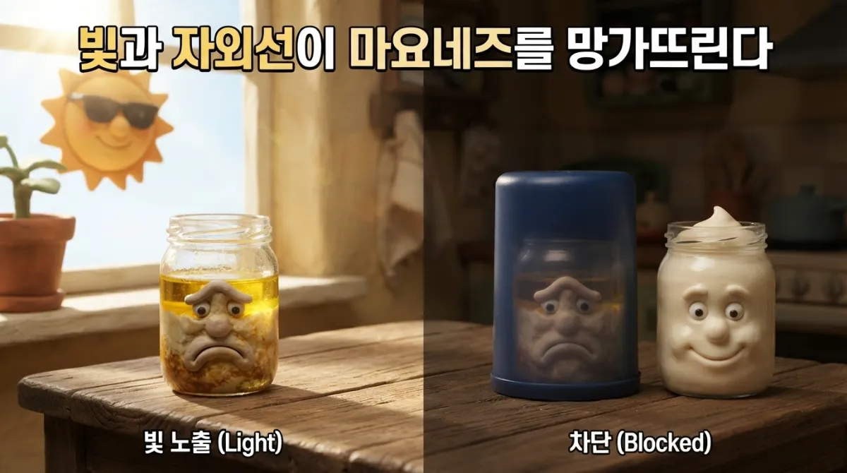 자외선에 노출된 마요네즈 변질 - 햇빛과 자외선이 기름 분리와 색 변색을 일으키는 광산화 반응을 비교한 클레이 스톱모션 이미지