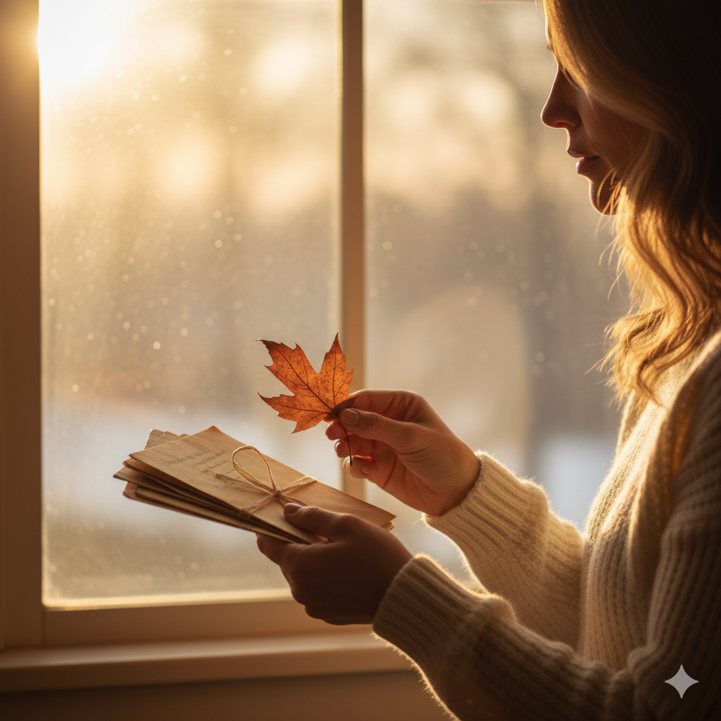 햇살 드는 창가에서 오래된 편지와 마른 낙엽을 손에 들고 생각에 잠긴 모습.