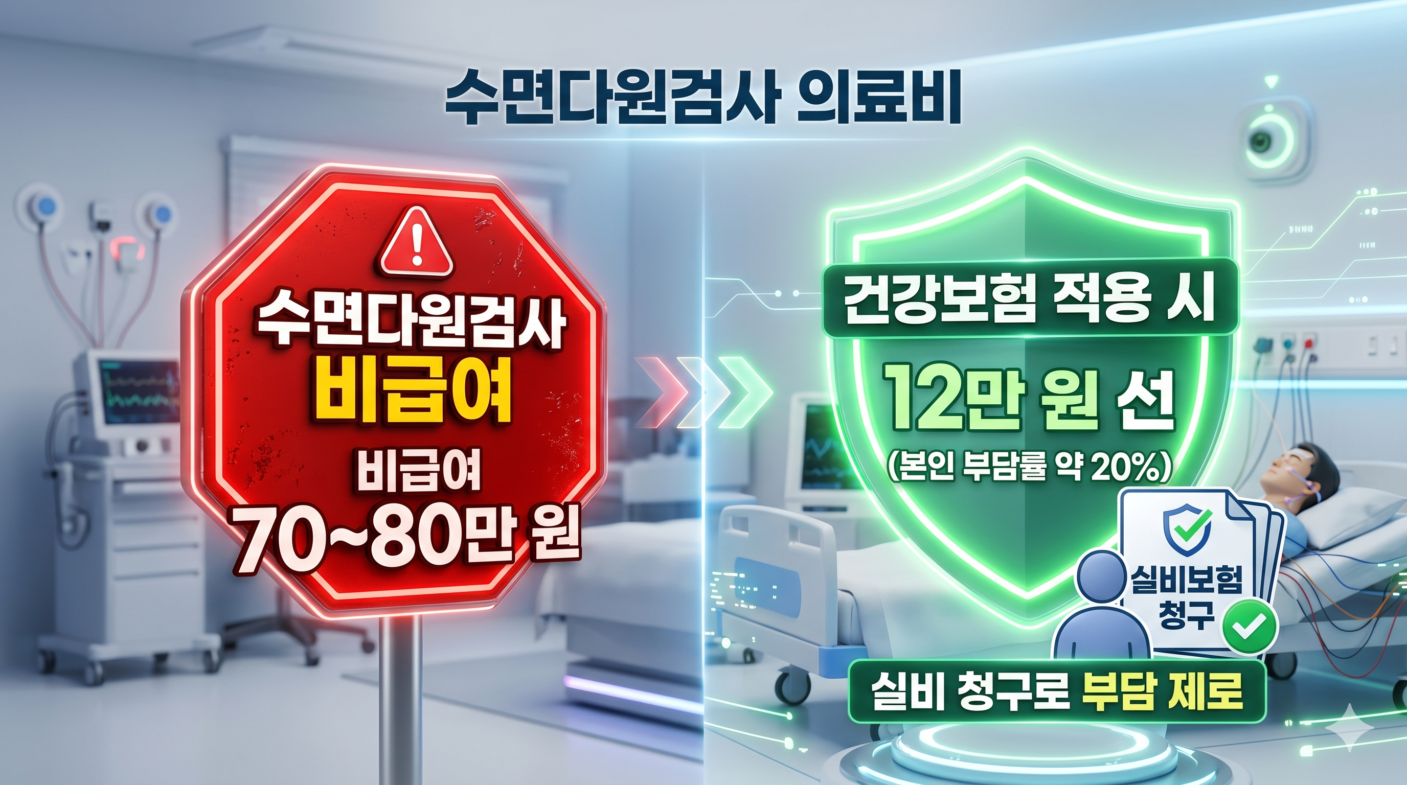 단순 코골이 확인 목적일 때는 70만 원이 비급여로 청구되지만, 수면무호흡증 의심 소견이 있어 건강보험이 적용되면 12만 원 선으로 비용이 줄어들고 남은 금액마저 실비로 환급받는 비용 비교 인포그래픽