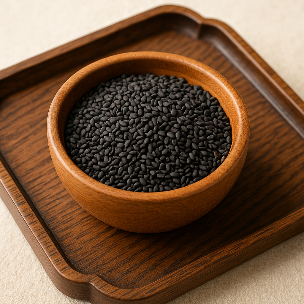 구운 흑깨를 담은 소반 위 나무 스푼