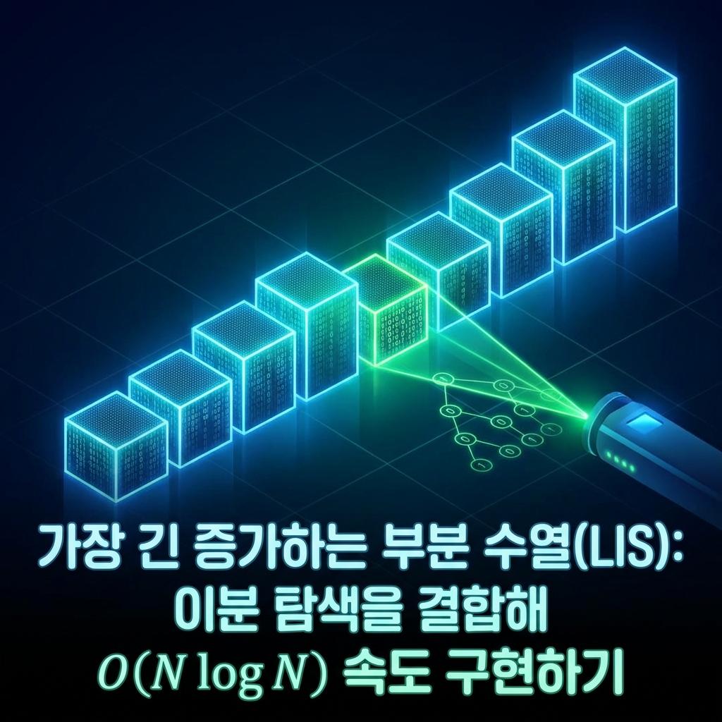 데이터 배열을 상징하는 파란색 큐브들이 계단식으로 배치되어 있으며, 초록색 레이저가 특정 데이터를 스캔하며 이진 트리 구조로 최적의 경로를 찾아가는 모습은 LIS 알고리즘과 이분 탐색의 결합을 시각적으로 나타냅니다.
