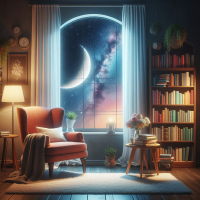 달과 별이 보이는 밤하늘을 배경으로 아늑한 방의 창문
