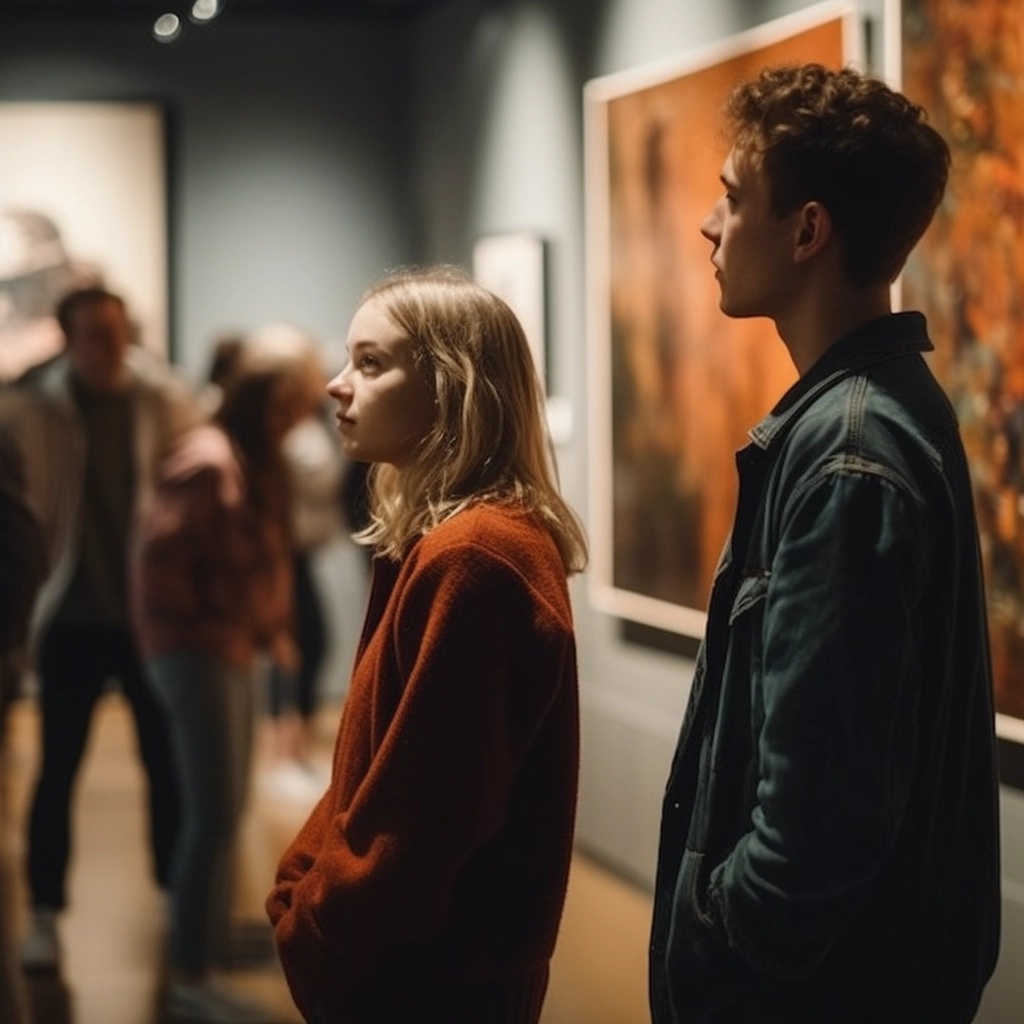 전시회를 관람하는 소녀와 소년