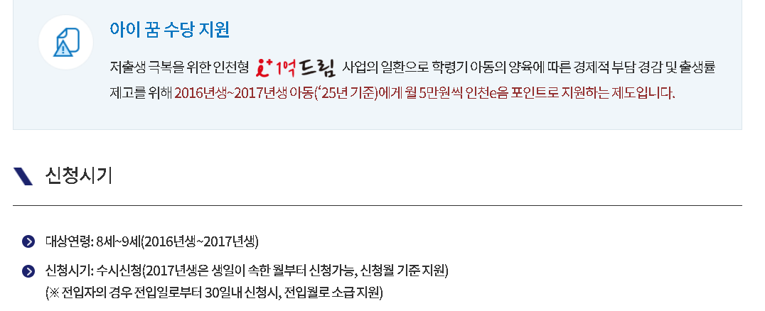 인천시 아동수당 아이꿈수당 월5만원 포인트 받는법 신청자격 신청방법