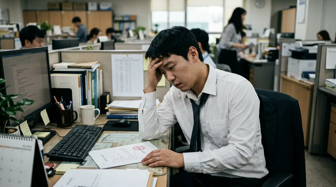 한국의 전형적인 사무실 파티션 안에서 30대 직장인이 법원 송달 우편물을 보며 한숨 쉬는 모습