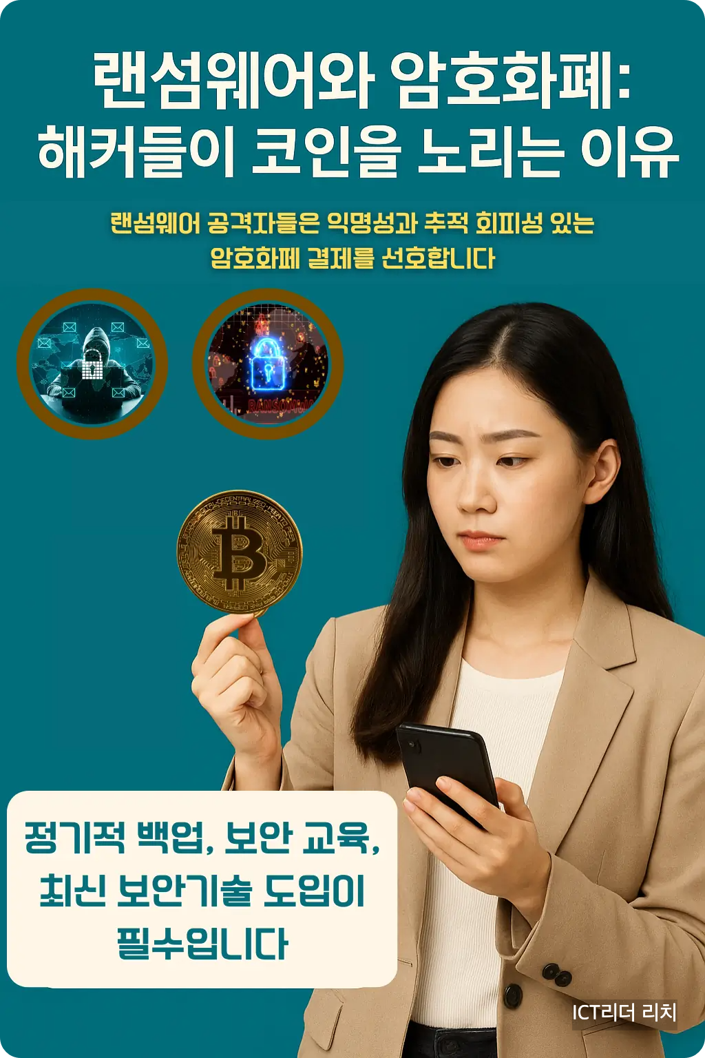 랜섬웨어와 암호화폐의 관계를 설명하는 인포그래픽 – 20대 여성이 비트코인을 들고 보안을 상징하는 모습