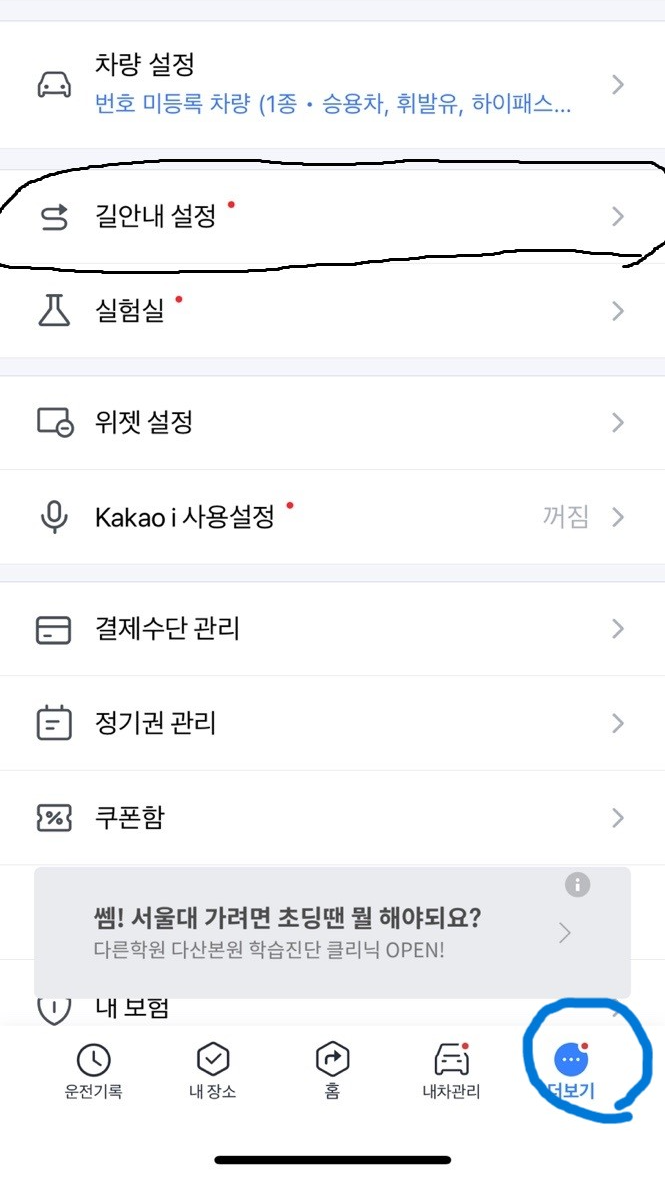 카카오네비 길안내설정