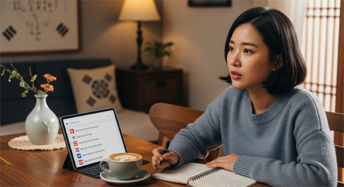 집에서 짧은 영어회화를 연습하는 한국인 여성의 모습