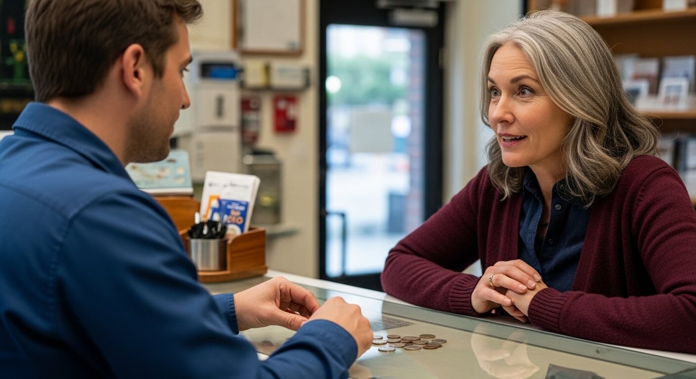 두 여성이 전시 진열장 안의 다양한 기념주화를 집중해서 살펴보는 모습