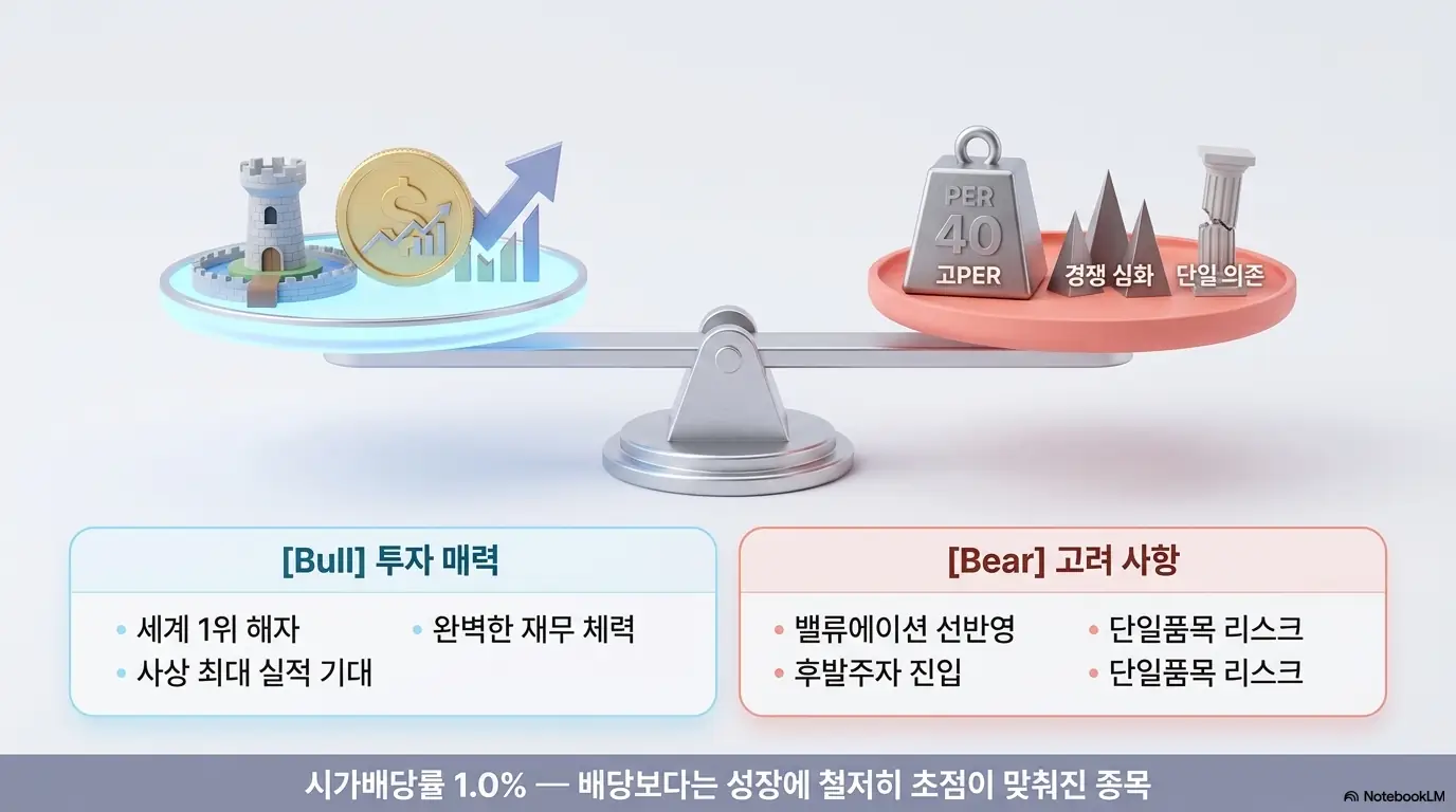 티씨케이 주가 전망: 티씨케이의 투자 매력(세계 1위 해자&middot;재무 체력&middot;사상 최대 실적 기대)과 고려 사항(밸류에이션 선반영&middot;후발주자 진입&middot;단일품목 리스크)을 저울로 비교한 이미지. 배당보다 성장에 초점이 맞춰진 종목 성격을 시각화하며&amp;#44; 블로그의 티씨케이 주가 전망 주제와 관련된 내용을 설명함