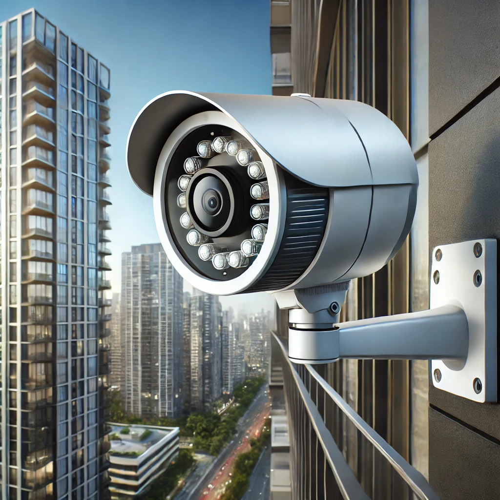 도시 아파트 건물 외벽에 설치된 돔형 보안 카메라&amp;#44; LED 적외선 조명이 있는 디자인&amp;#44; 배경으로는 푸른 하늘 아래 고층 건물들이 있는 도시 풍경이 펼쳐짐