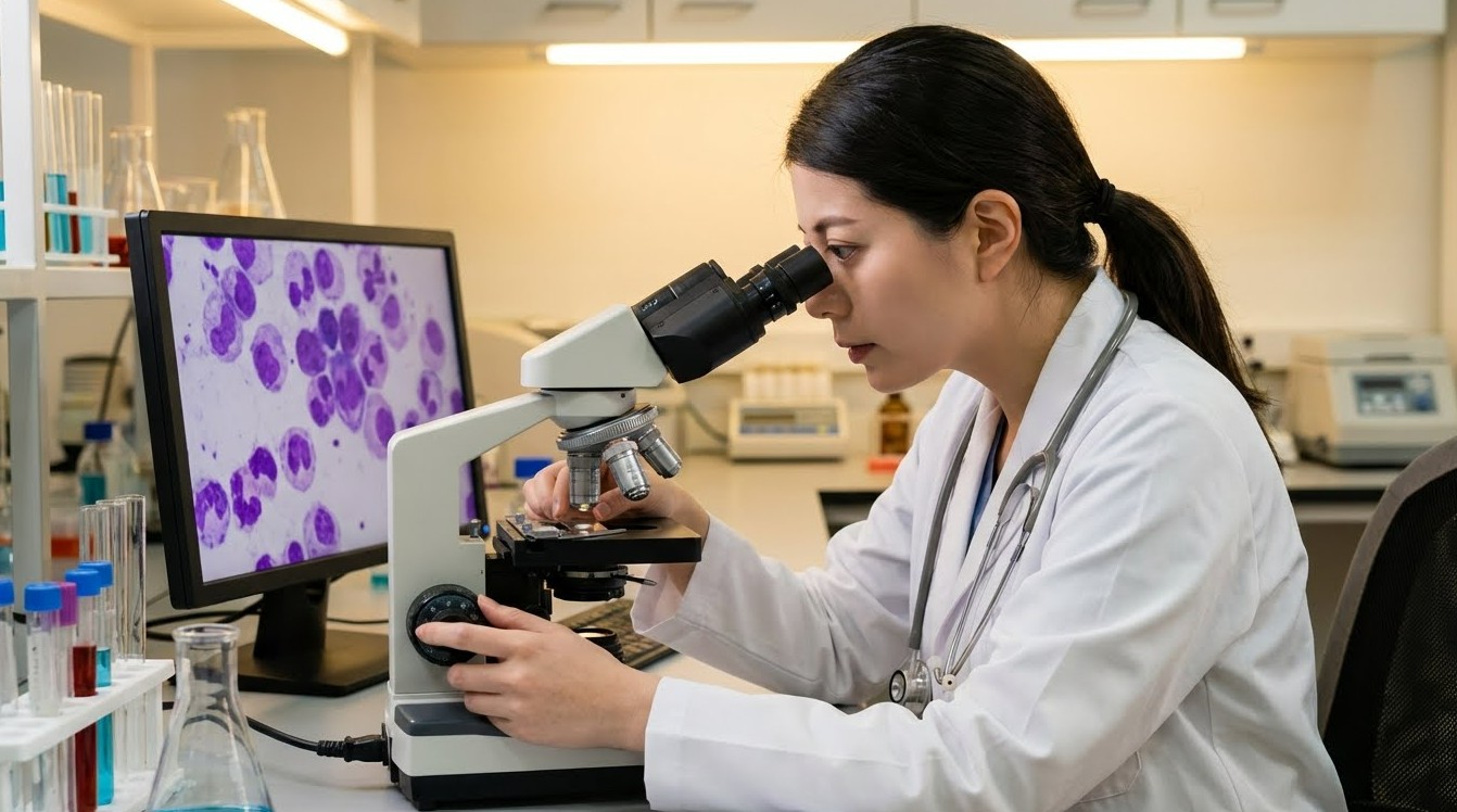 의사가 세포검사를 현미경으로 관찰하는 사진