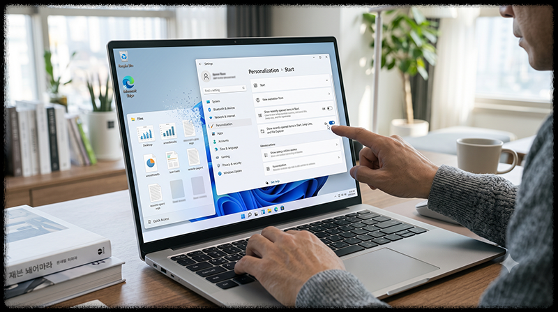 Windows 11 시작 설정에서 최근 파일과 점프 목록 표시를 끄는 모습