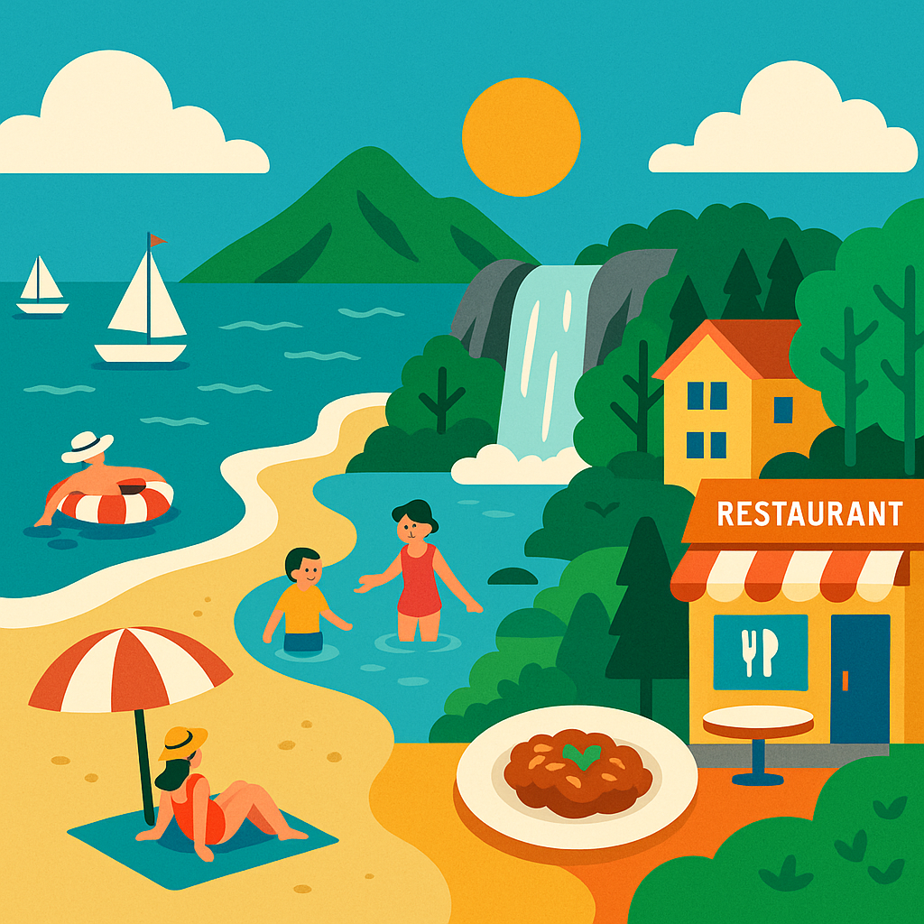 바다&amp;#44; 계곡&amp;#44; 맛집 풍경이 어우러진 여름 국내 여행지 일러스트 