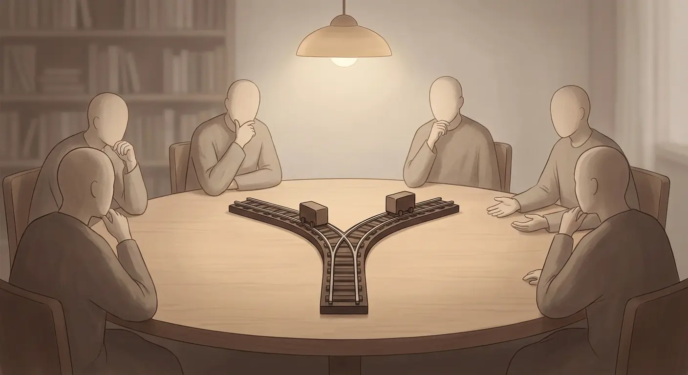 An illustration showing moral education influencing how people think about the trolley problem