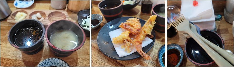 냉모밀, 장국, 새우 튀김, 간장 붓