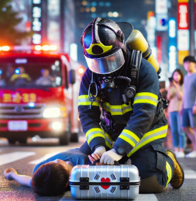 응급처치중인 소방관 사진