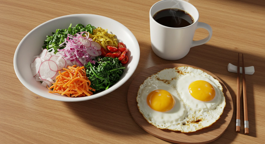 샐러드와 계란, 블랙커피가 함께 있는 건강한 한국식 아침식사